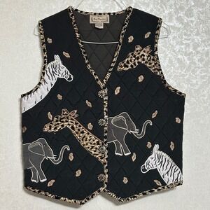 New Direction Quilted Embroidered Safari Animal Vest Black‎ Furry Trim Button M